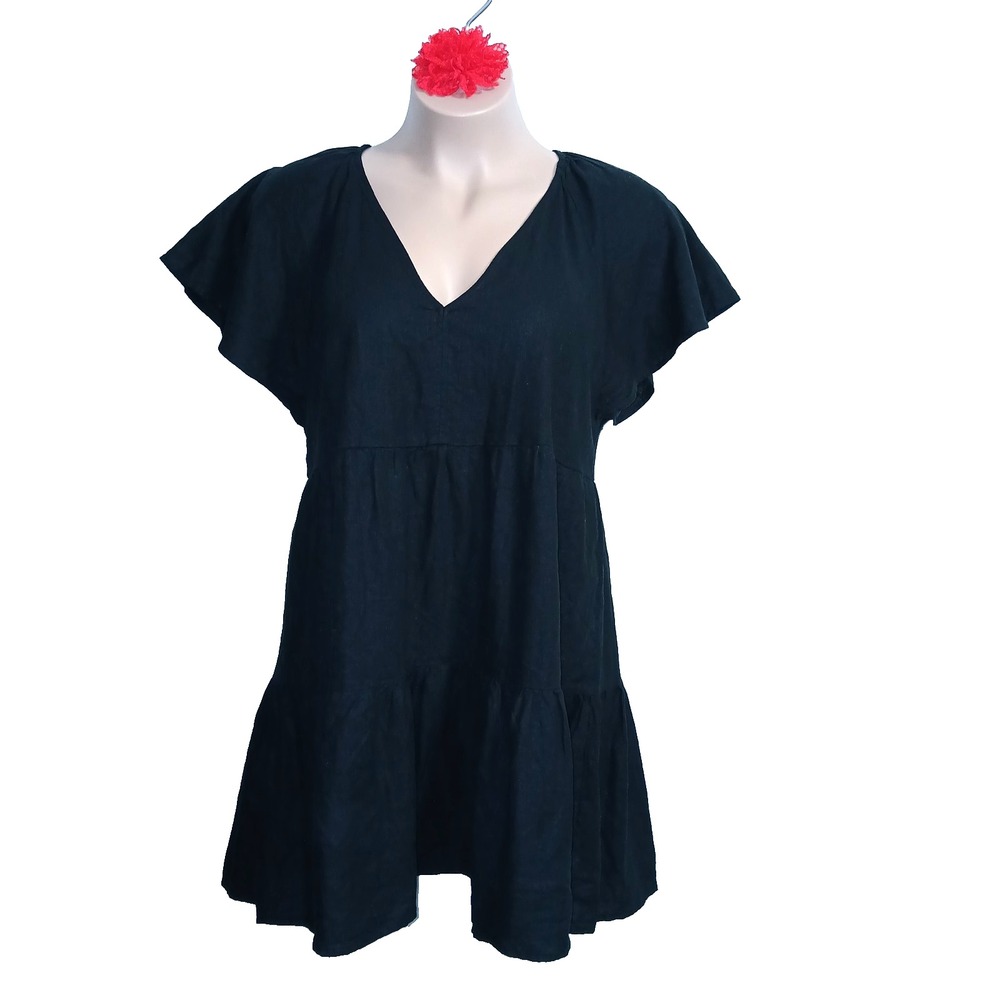 Universal Thread Linen Blend Women Flutter SS Mini Skater Dress L Black Babydoll